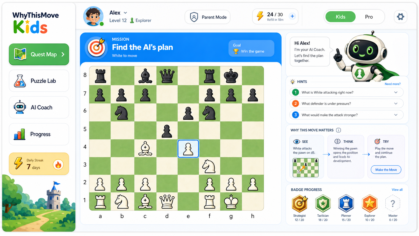 Concept d'application d'apprentissage des echecs WhyThisMove Kids